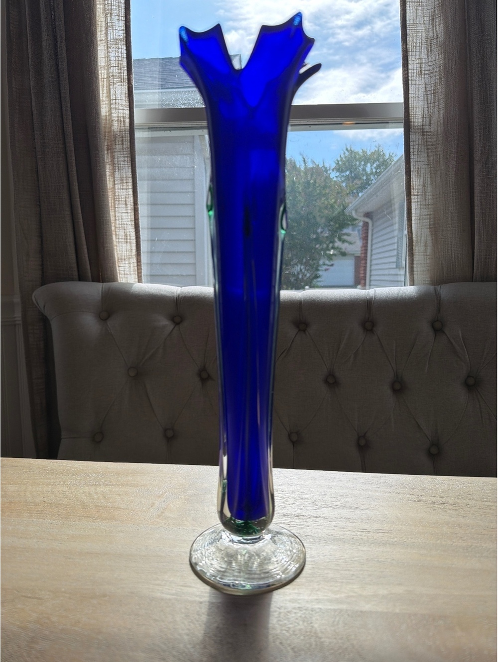 R. Mynatt Signed Studio Art Glass Cobalt Blue Trumpet Vase 2002 Ruffled Rim
